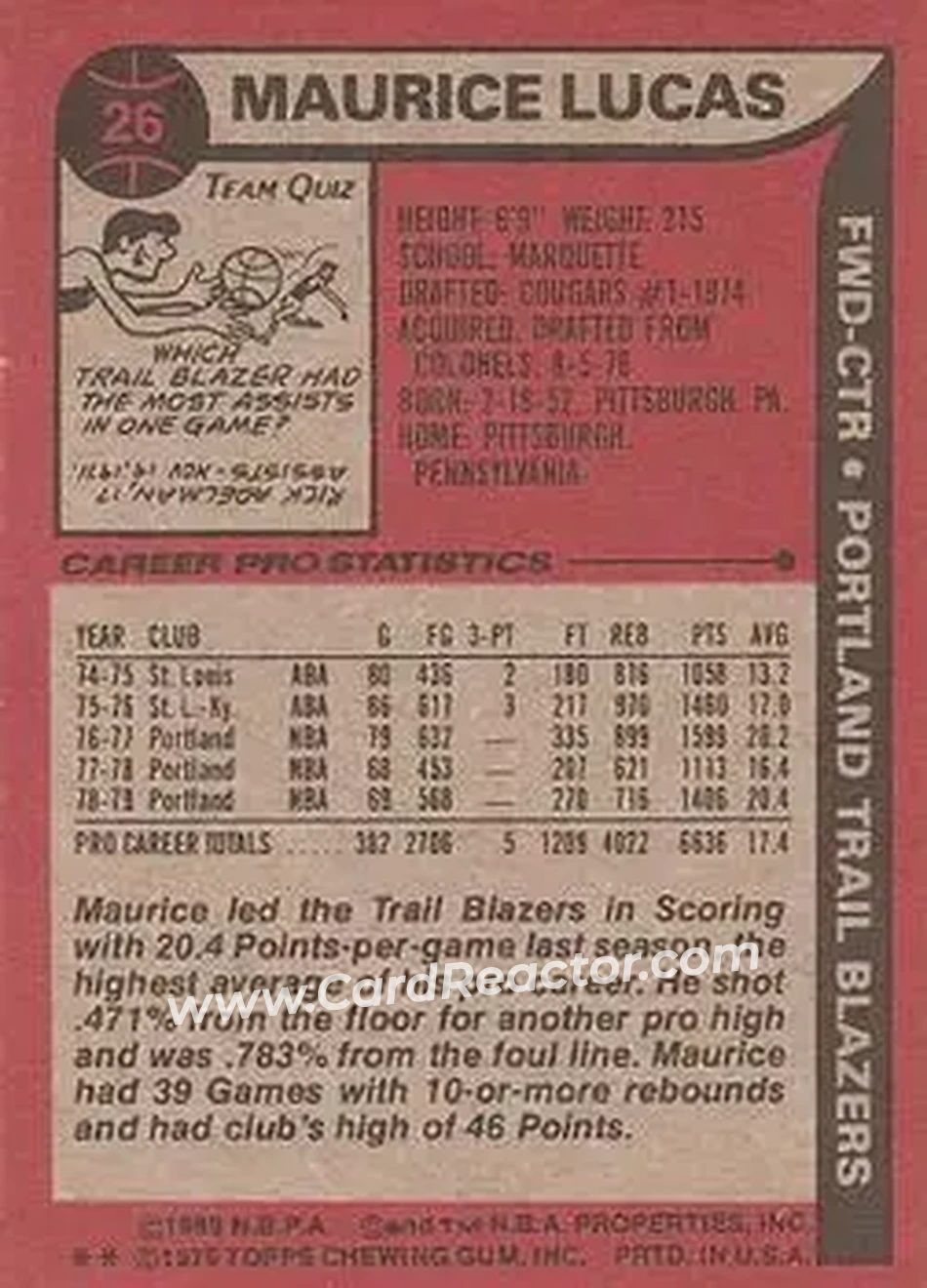 1979-80 Topps #26 - Maurice Lucas - Portland Trail Blazers - Back