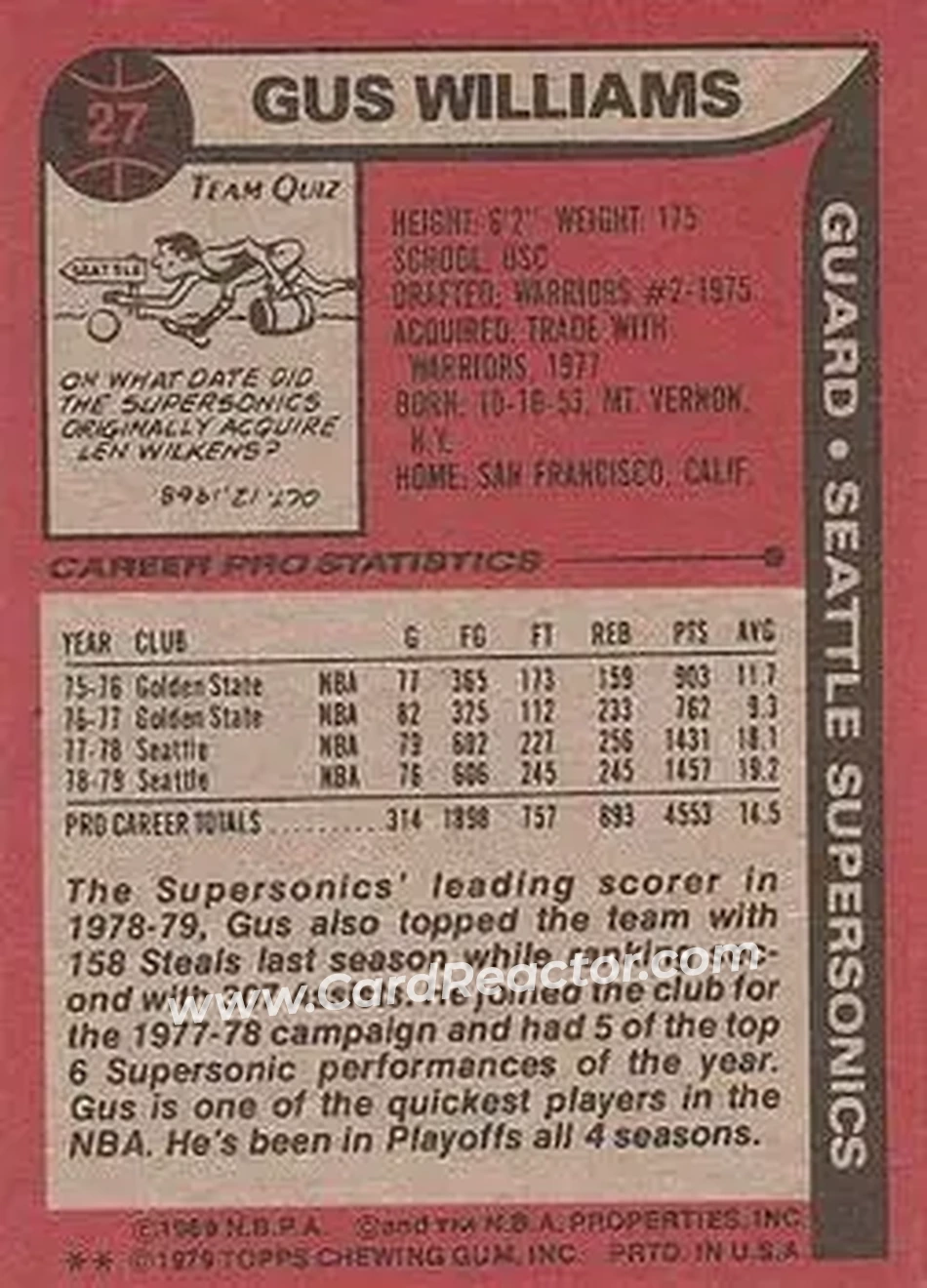 1979-80 Topps #27 - Gus Williams - Seattle SuperSonics - Back