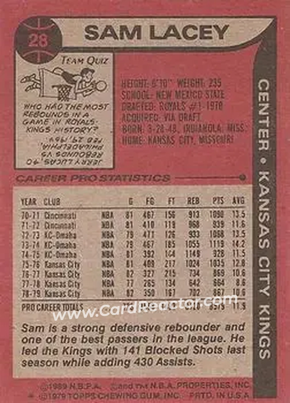 1979-80 Topps #28 - Sam Lacey - Kansas City Kings - Back