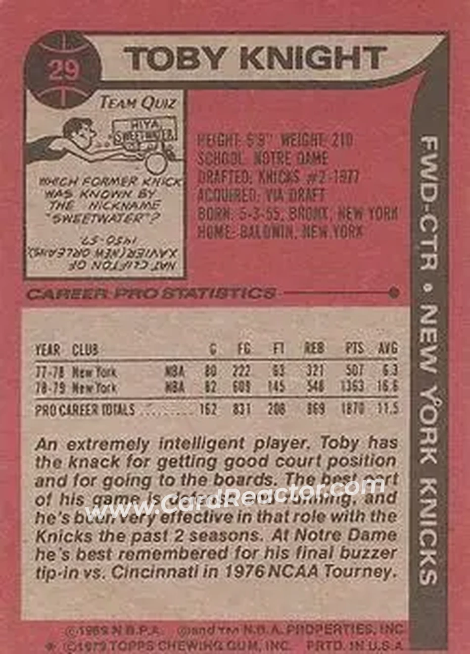 1979-80 Topps #29 - Toby Knight - New York Knicks - Back 1979-80 Topps #29 - Toby Knight - New York Knicks - Back