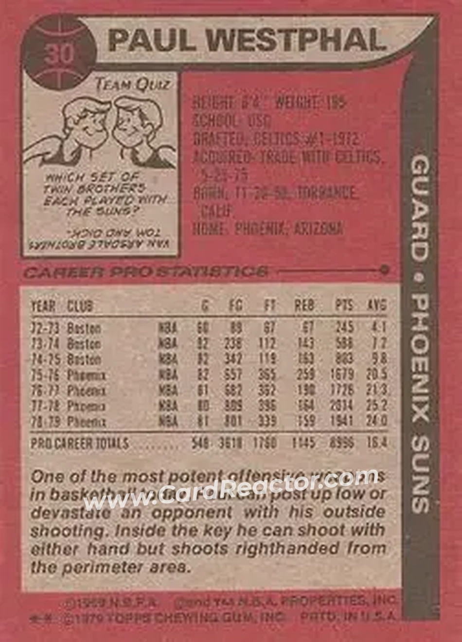 1979-80 Topps #30 - Paul Westphal - Phoenix Suns - Back 1979-80 Topps #30 - Paul Westphal - Phoenix Suns - Back