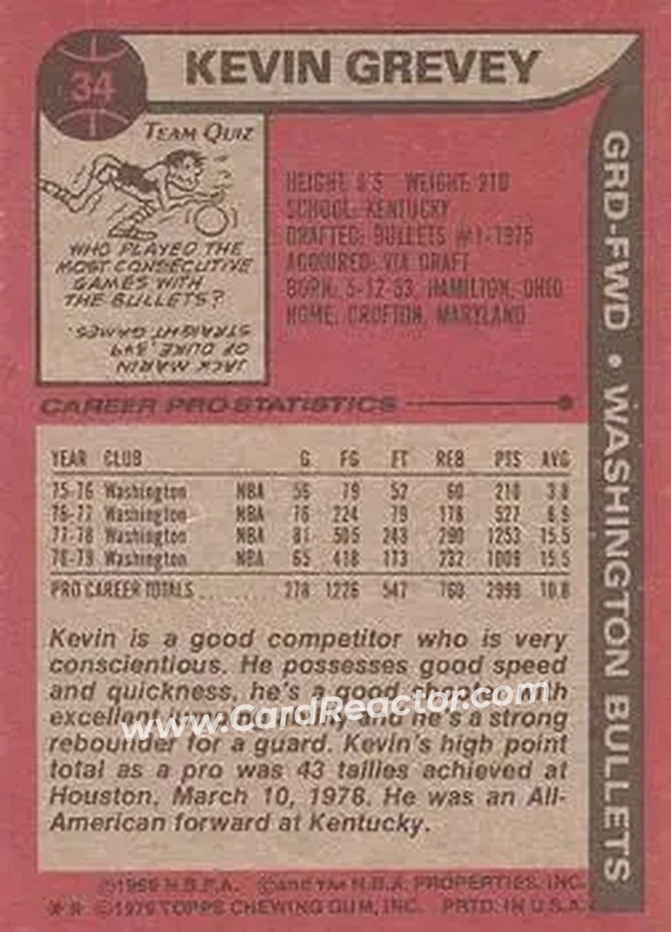 1979-80 Topps #34 - Kevin Grevey - Washington Bullets - Back