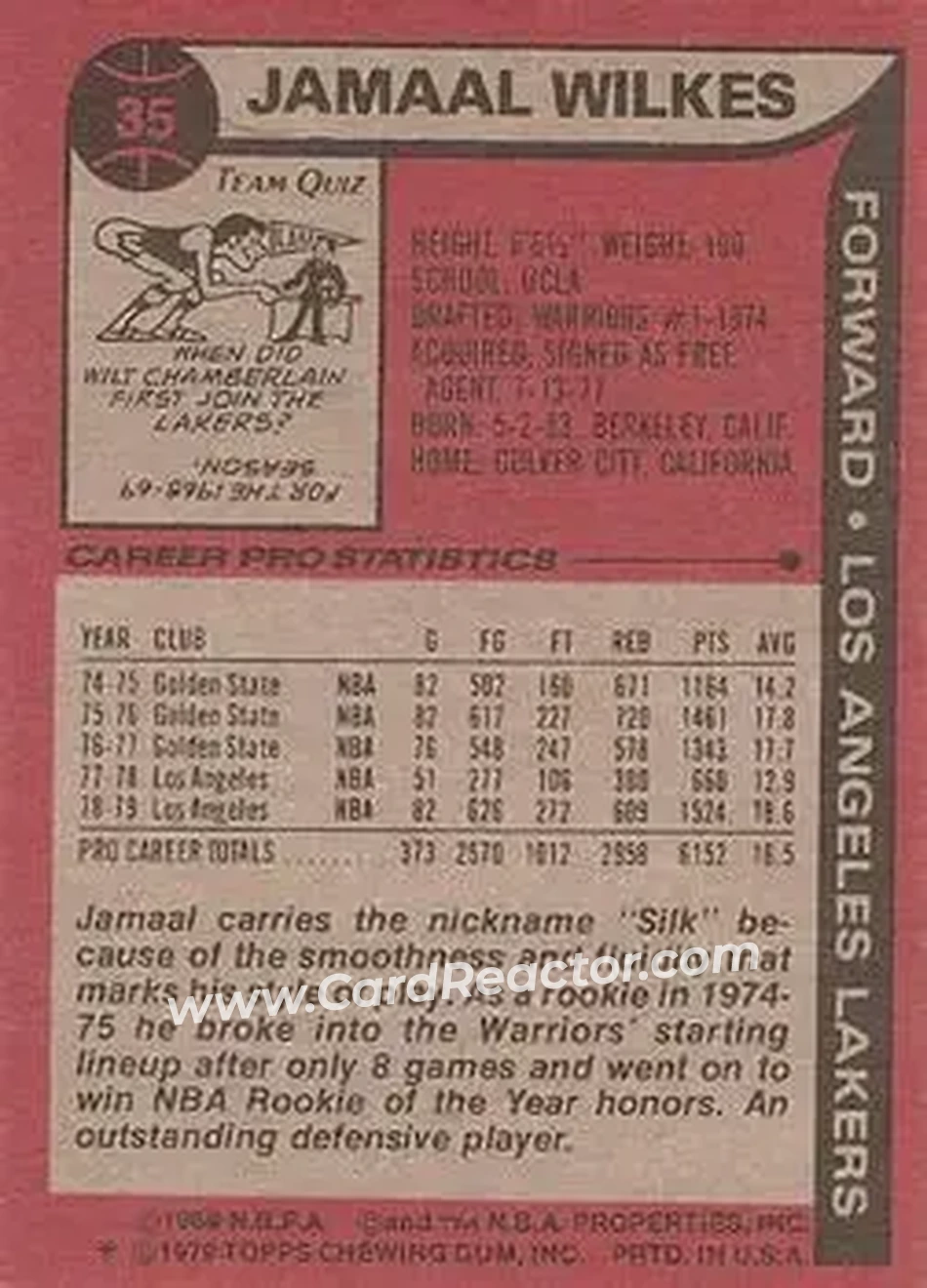 1979-80 Topps #35 - Jamaal Wilkes - Los Angeles Lakers - Back 1979-80 Topps #35 - Jamaal Wilkes - Los Angeles Lakers - Back
