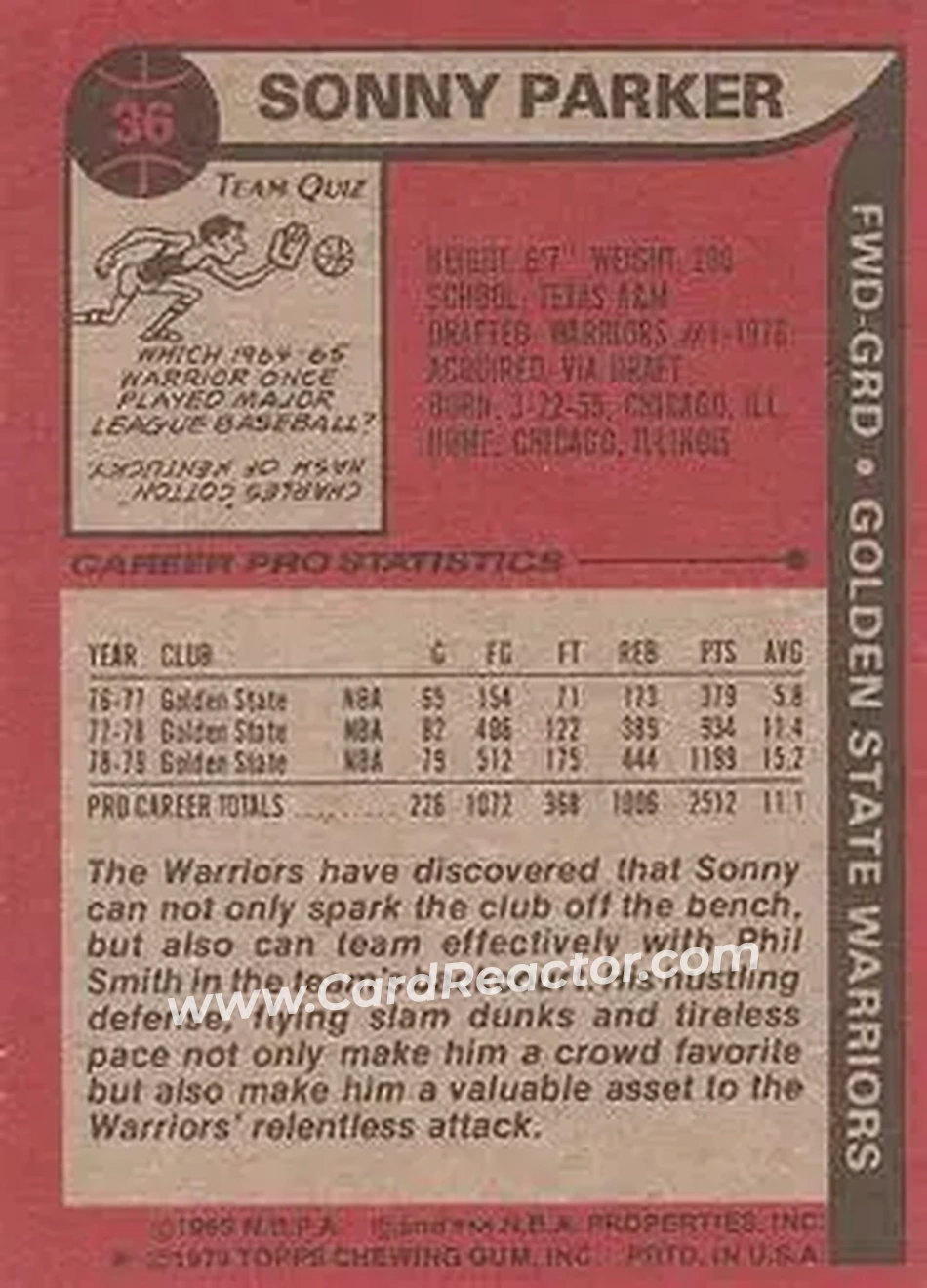 1979-80 Topps #36 - Sonny Parker - Golden State Warriors - Back 1979-80 Topps #36 - Sonny Parker - Golden State Warriors - Back