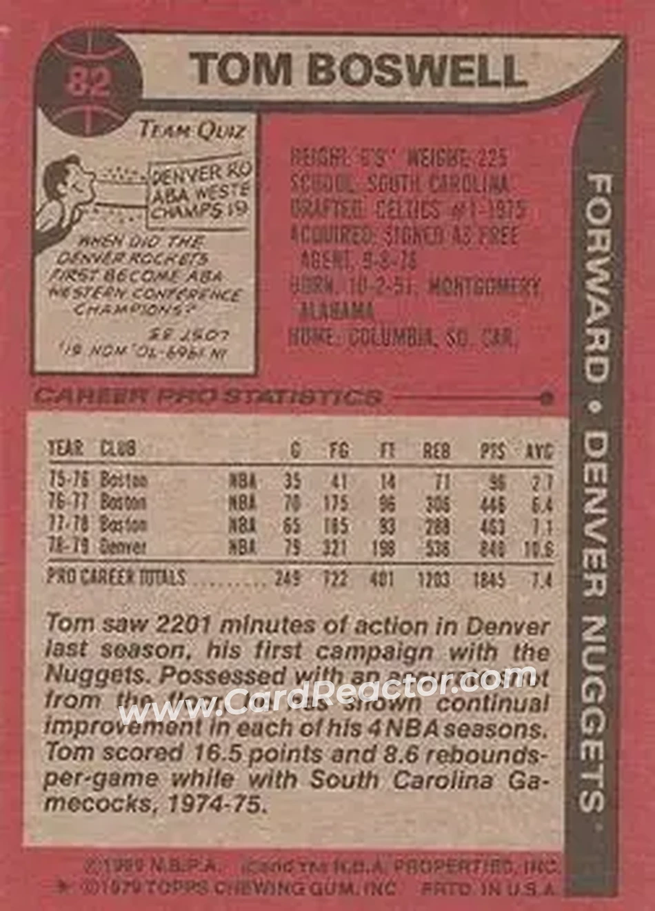1979-80 Topps #82 - Tom Boswell - Denver Nuggets - Back