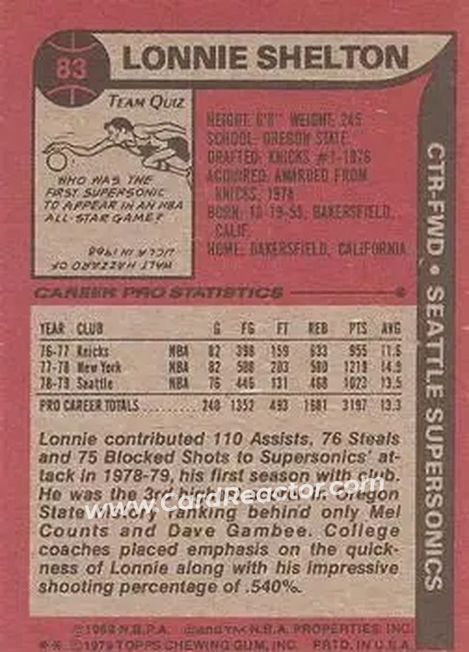 1979-80 Topps #83 - Lonnie Shelton - Seattle SuperSonics - Back