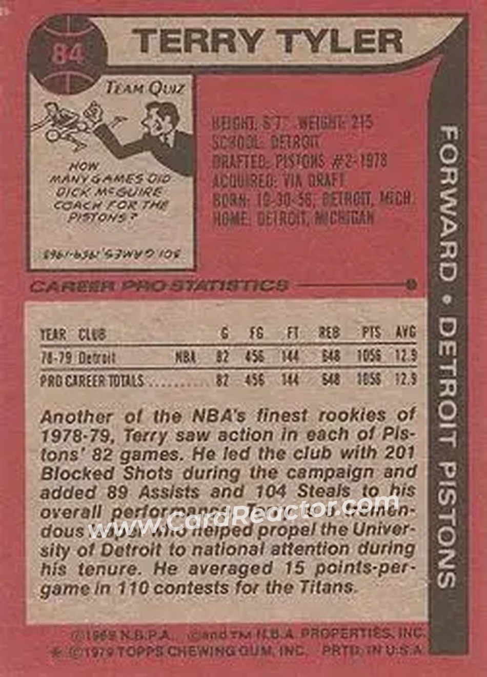 1979-80 Topps #84 - Terry Tyler - Detroit Pistons - Back