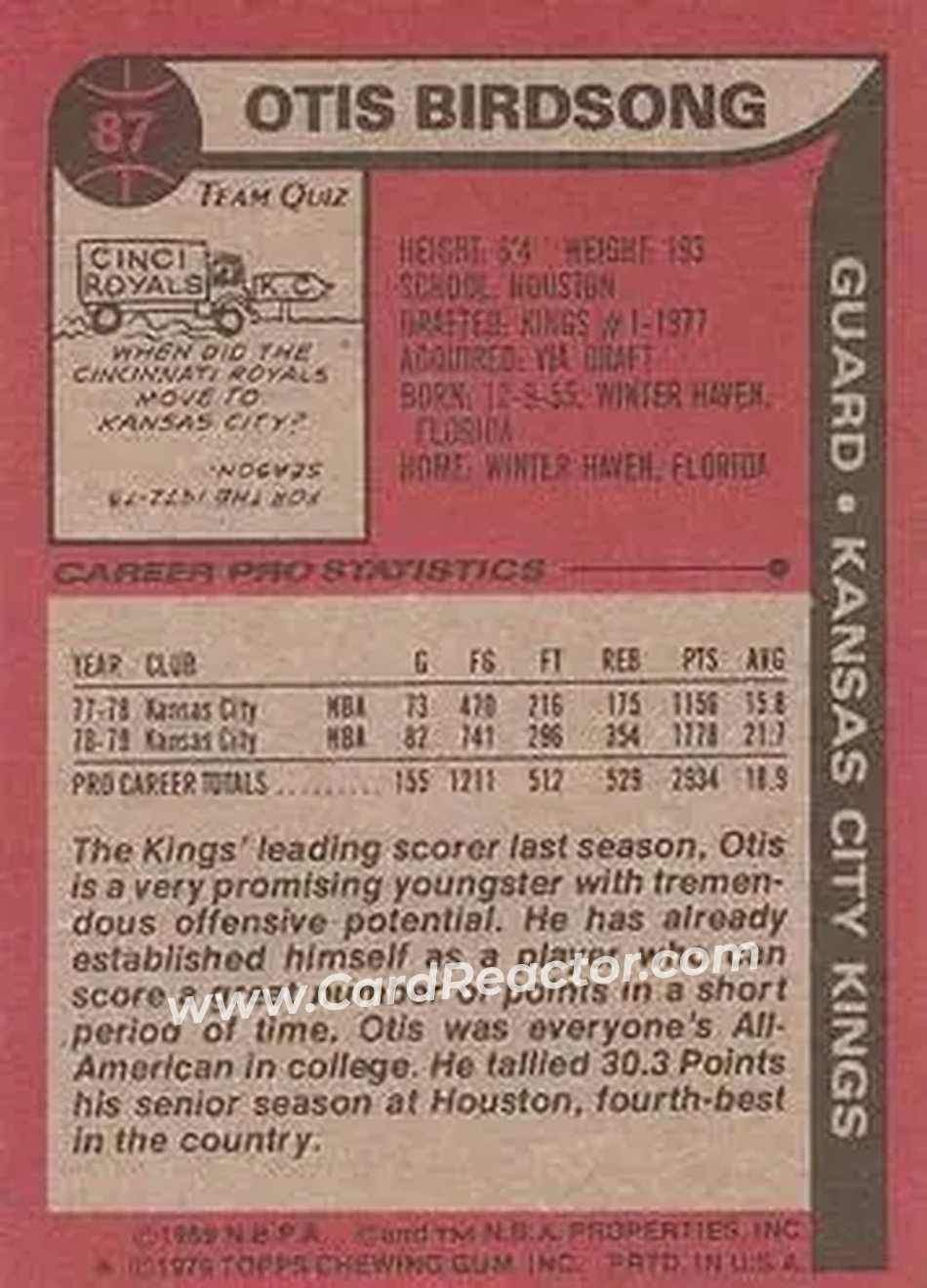 1979-80 Topps #87 - Otis Birdsong - Kansas City Kings - Back 1979-80 Topps #87 - Otis Birdsong - Kansas City Kings - Back