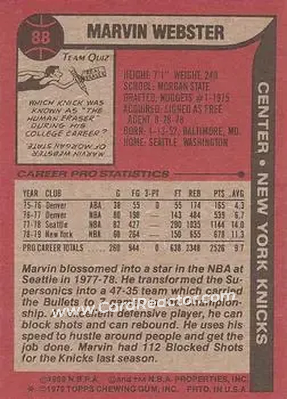 1979-80 Topps #88 - Marvin Webster - New York Knicks - Back