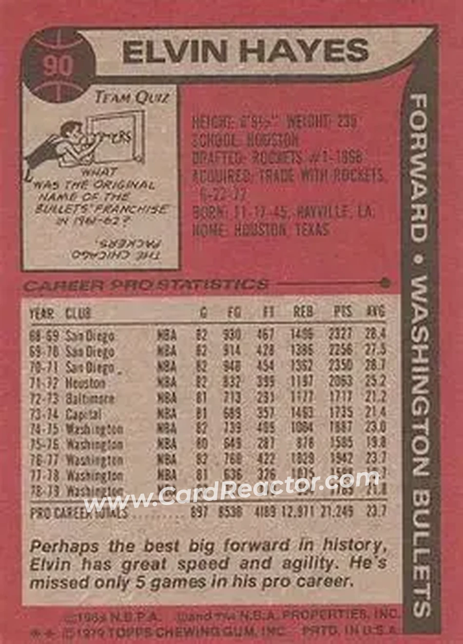 1979-80 Topps #90 - Elvin Hayes - Washington Bullets - Back 1979-80 Topps #90 - Elvin Hayes - Washington Bullets - Back