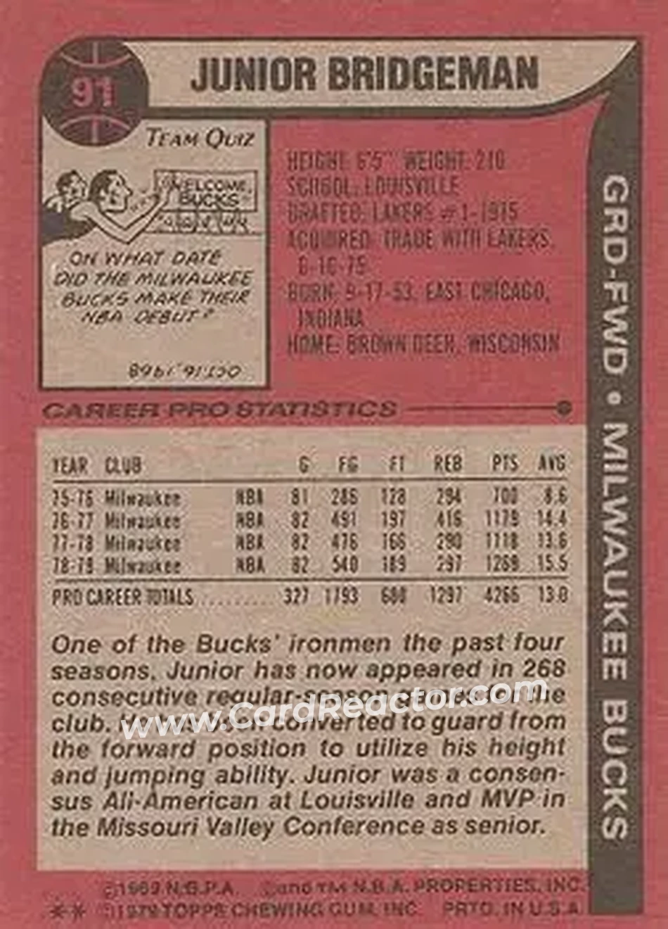 1979-80 Topps #91 - Junior Bridgeman - Milwaukee Bucks - Back