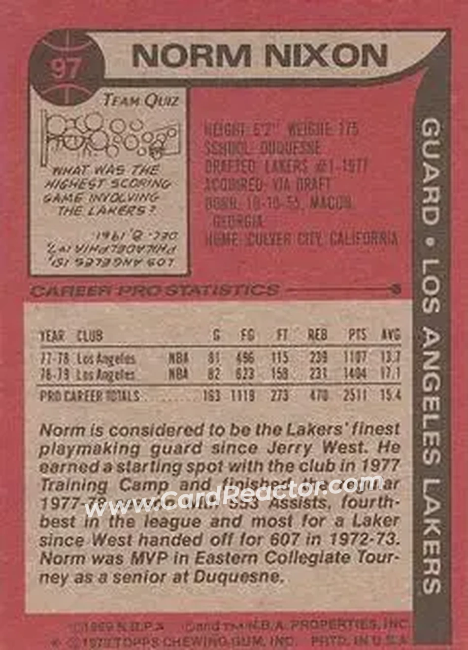 1979-80 Topps #97 - Norm Nixon - Los Angeles Lakers - Back 1979-80 Topps #97 - Norm Nixon - Los Angeles Lakers - Back