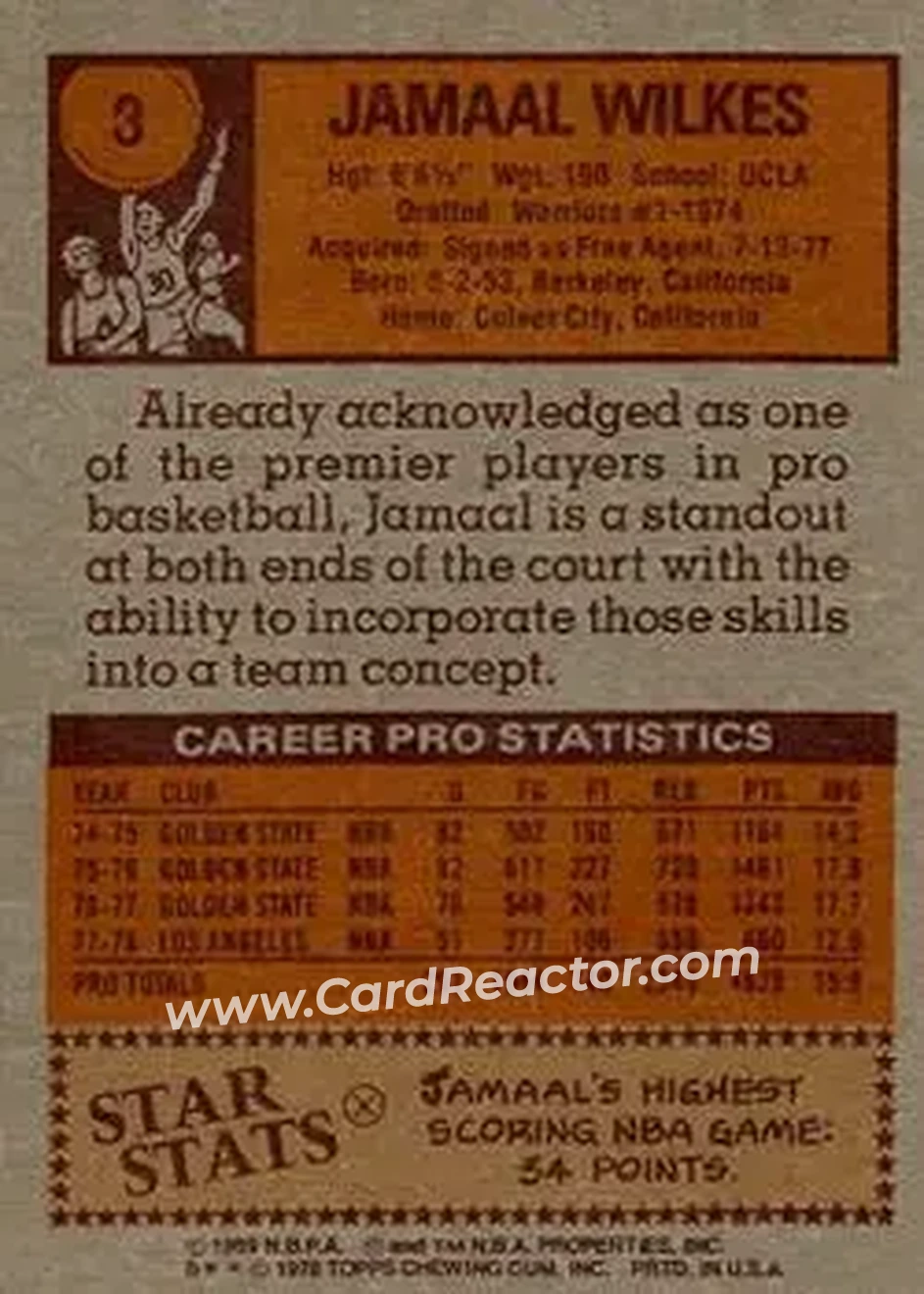 1978-79 Topps #3 - Jamaal Wilkes - Los Angeles Lakers - Back 1978-79 Topps #3 - Jamaal Wilkes - Los Angeles Lakers - Back