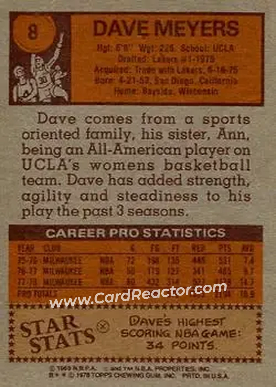 1978-79 Topps #8 - David Meyers - Milwaukee Bucks - Back
