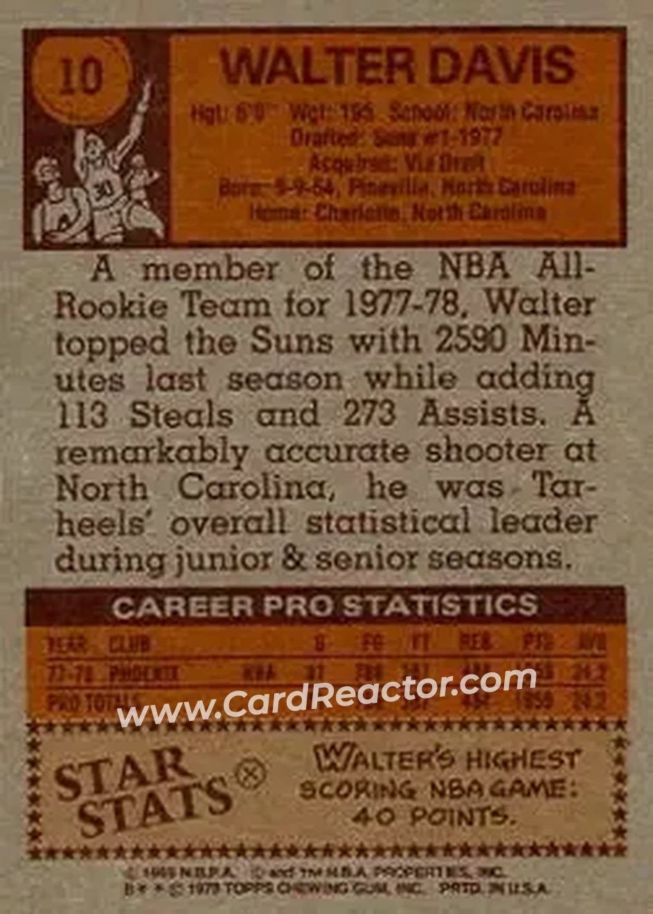 1978-79 Topps #10 - Walter Davis - Phoenix Suns - Back