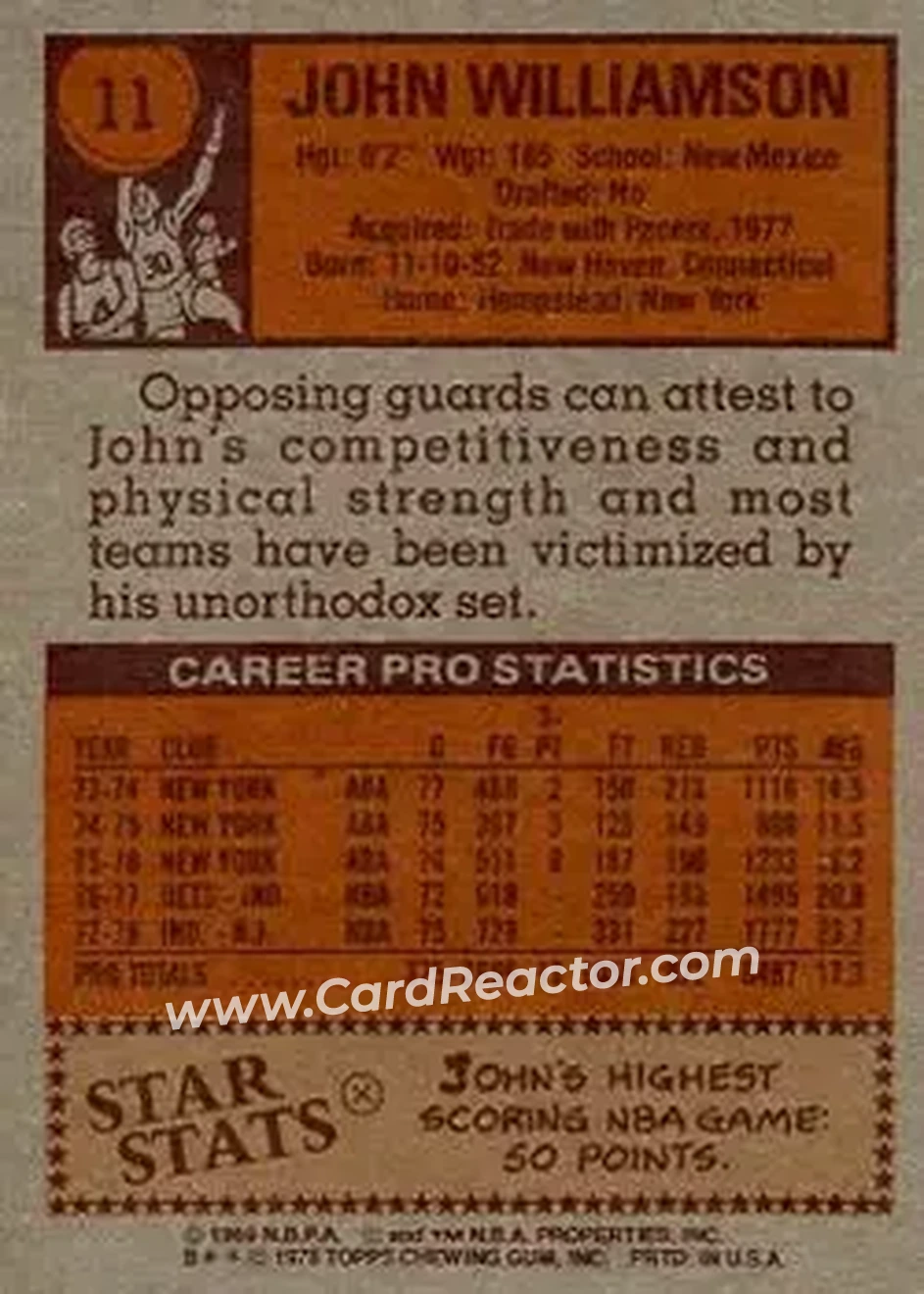 1978-79 Topps #11 - John Williamson - New Jersey Nets - Back