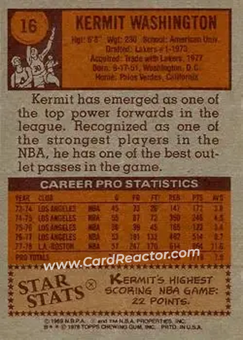 1978-79 Topps #16 - Kermit Washington - Boston Celtics - Back