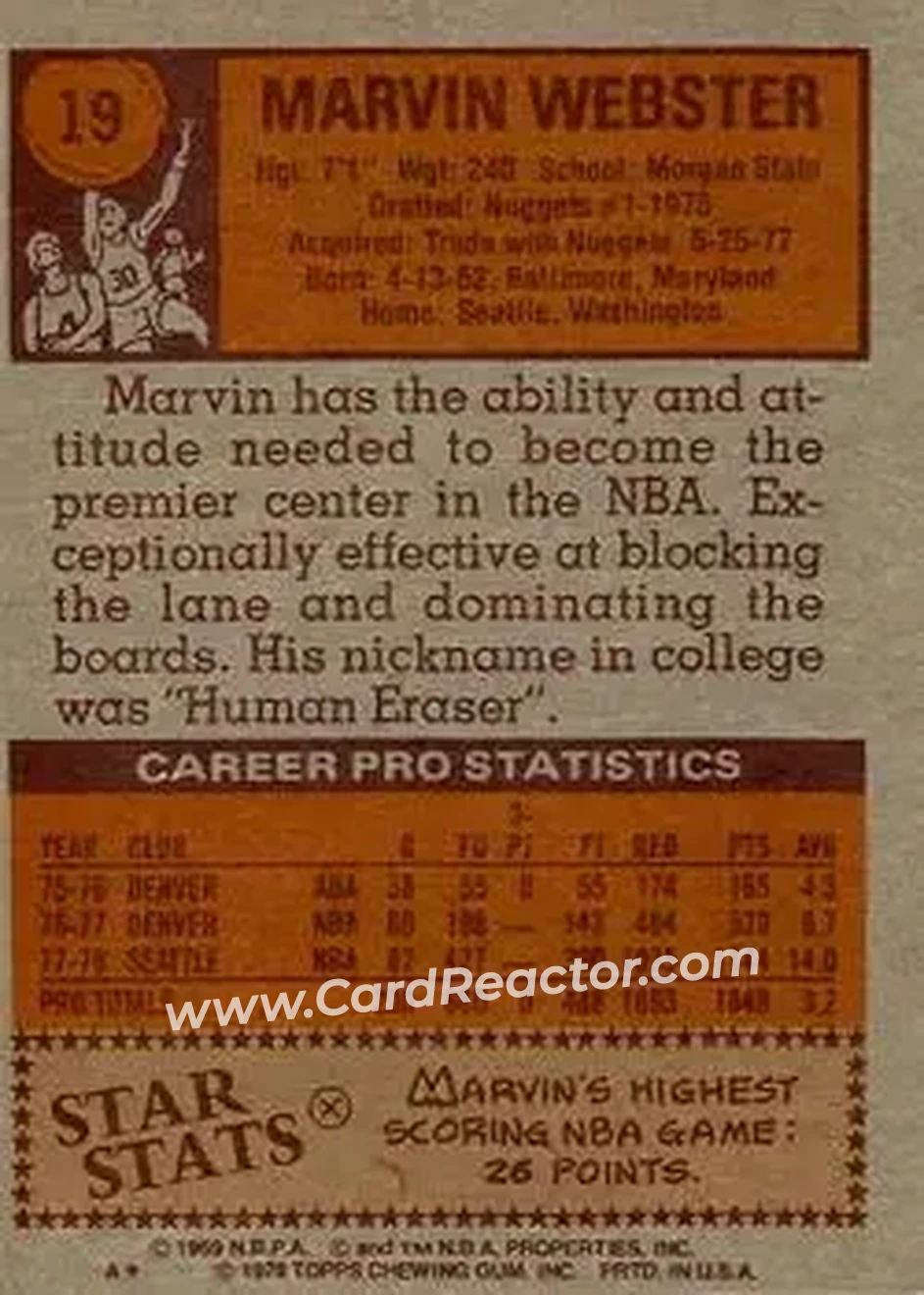 1978-79 Topps #19 - Marvin Webster - Seattle SuperSonics - Back