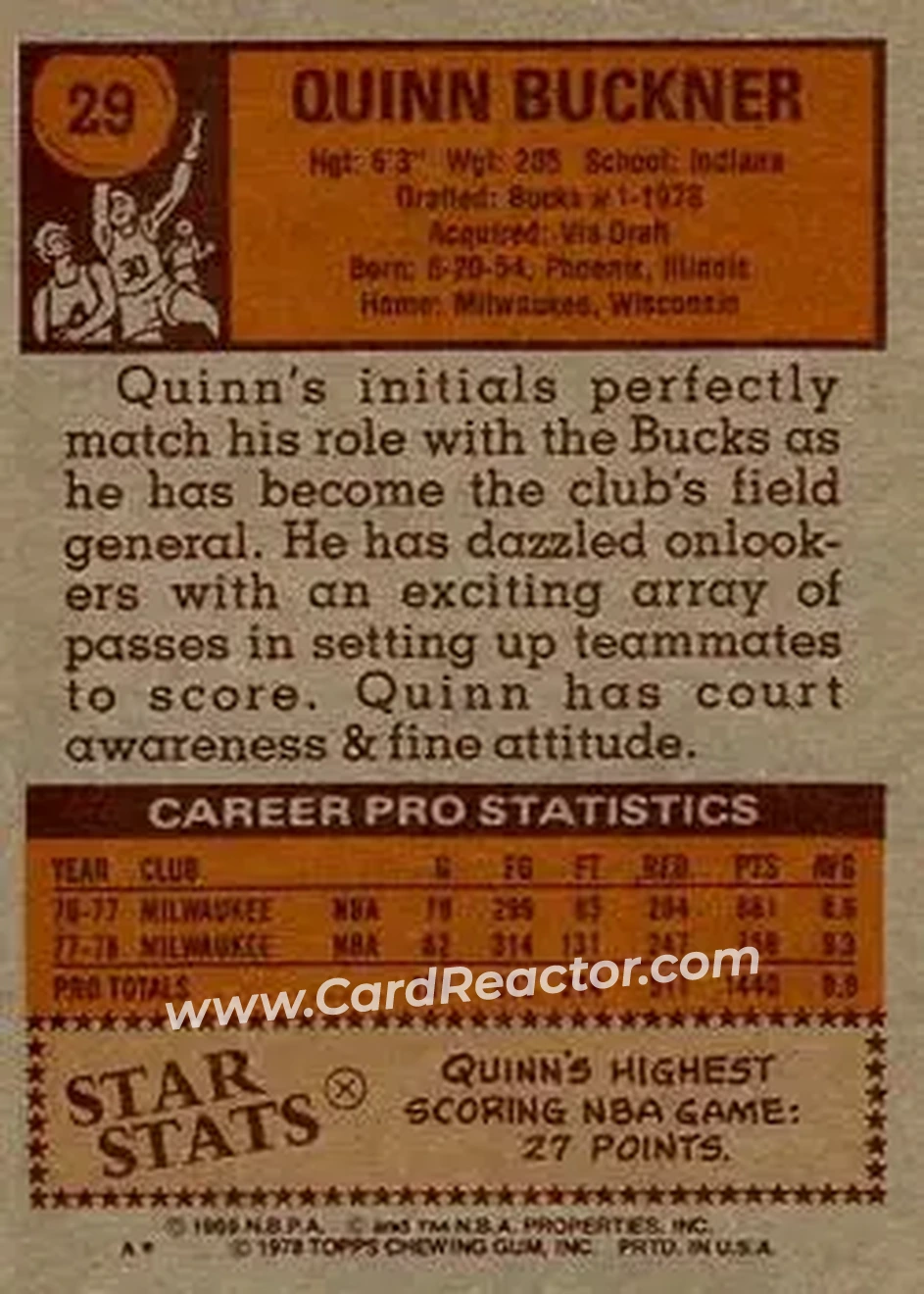 1978-79 Topps #29 - Quinn Buckner - Milwaukee Bucks - Back
