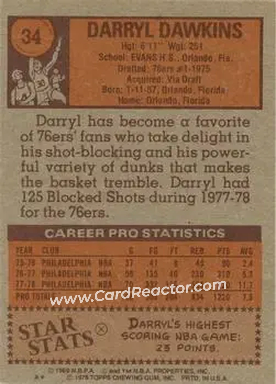1978-79 Topps #34 - Darryl Dawkins - Philadelphia 76ers - Back