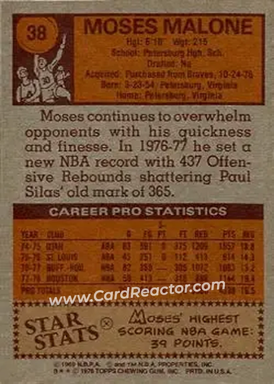 1978-79 Topps #38 - Moses Malone - Houston Rockets - Back