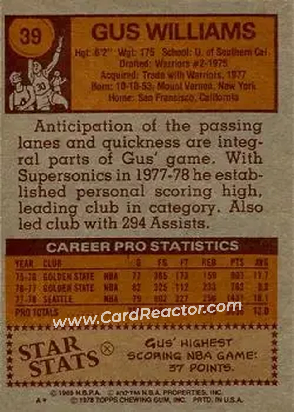 1978-79 Topps #39 - Gus Williams - Seattle SuperSonics - Back