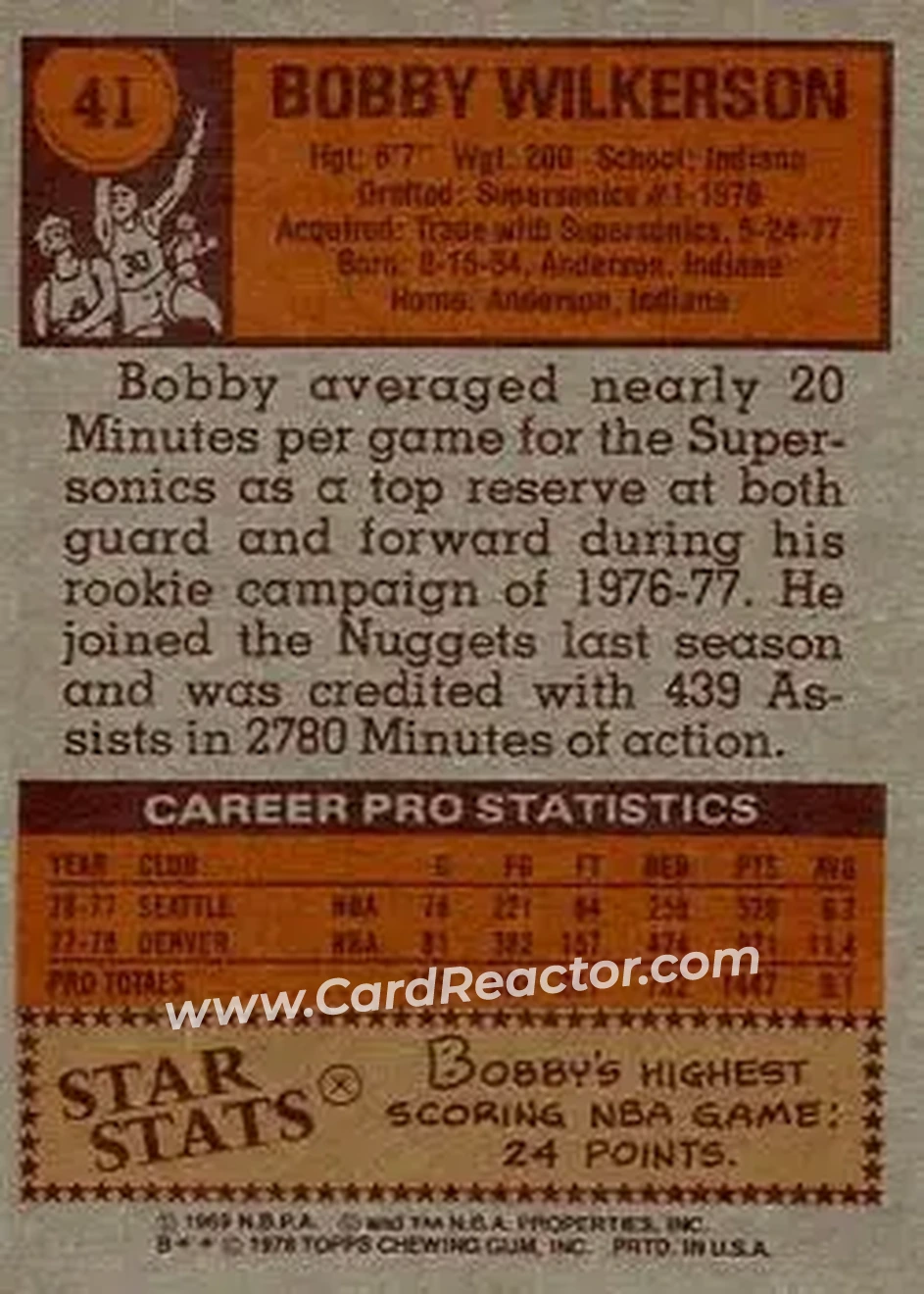 1978-79 Topps #41 - Bobby Wilkerson - Denver Nuggets - Back