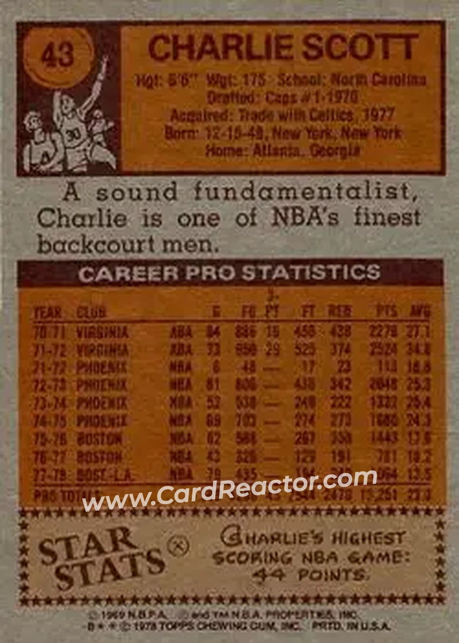 1978-79 Topps #43 - Charlie Scott - Los Angeles Lakers - Back