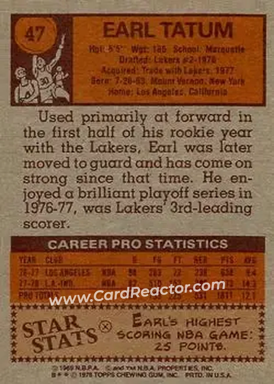 1978-79 Topps #47 - Earl Tatum - Indiana Pacers - Back 1978-79 Topps #47 - Earl Tatum - Indiana Pacers - Back
