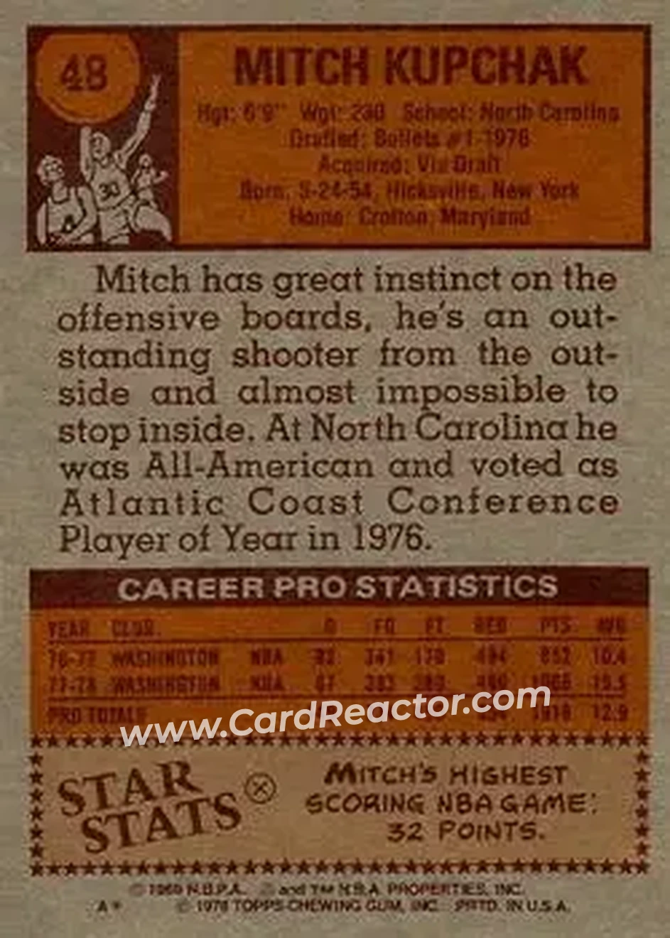 1978-79 Topps #48 - Mitch Kupchak - Washington Bullets - Back