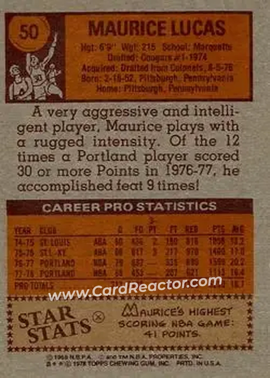 1978-79 Topps #50 - Maurice Lucas - Portland Trail Blazers - Back