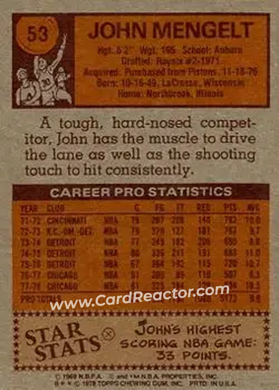 1978-79 Topps #53 - John Mengelt - Chicago Bulls - Back 1978-79 Topps #53 - John Mengelt - Chicago Bulls - Back