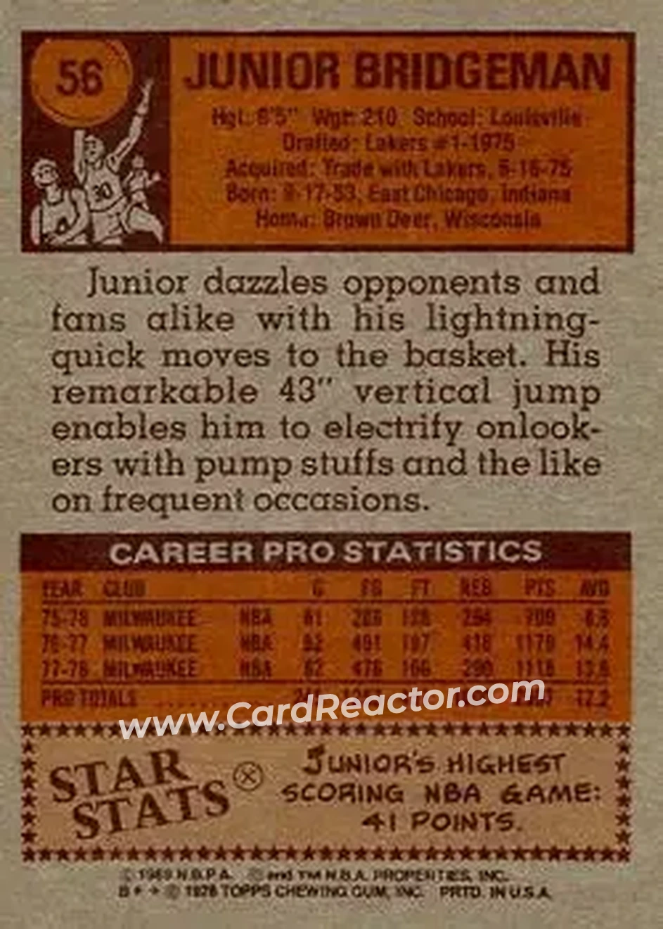 1978-79 Topps #56 - Junior Bridgeman - Milwaukee Bucks - Back