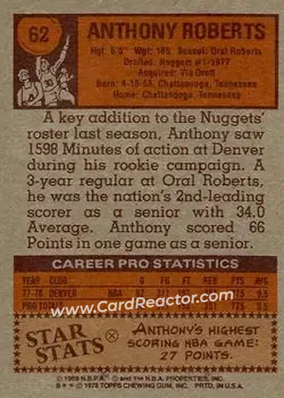 1978-79 Topps #62 - Anthony Roberts - Denver Nuggets - Back