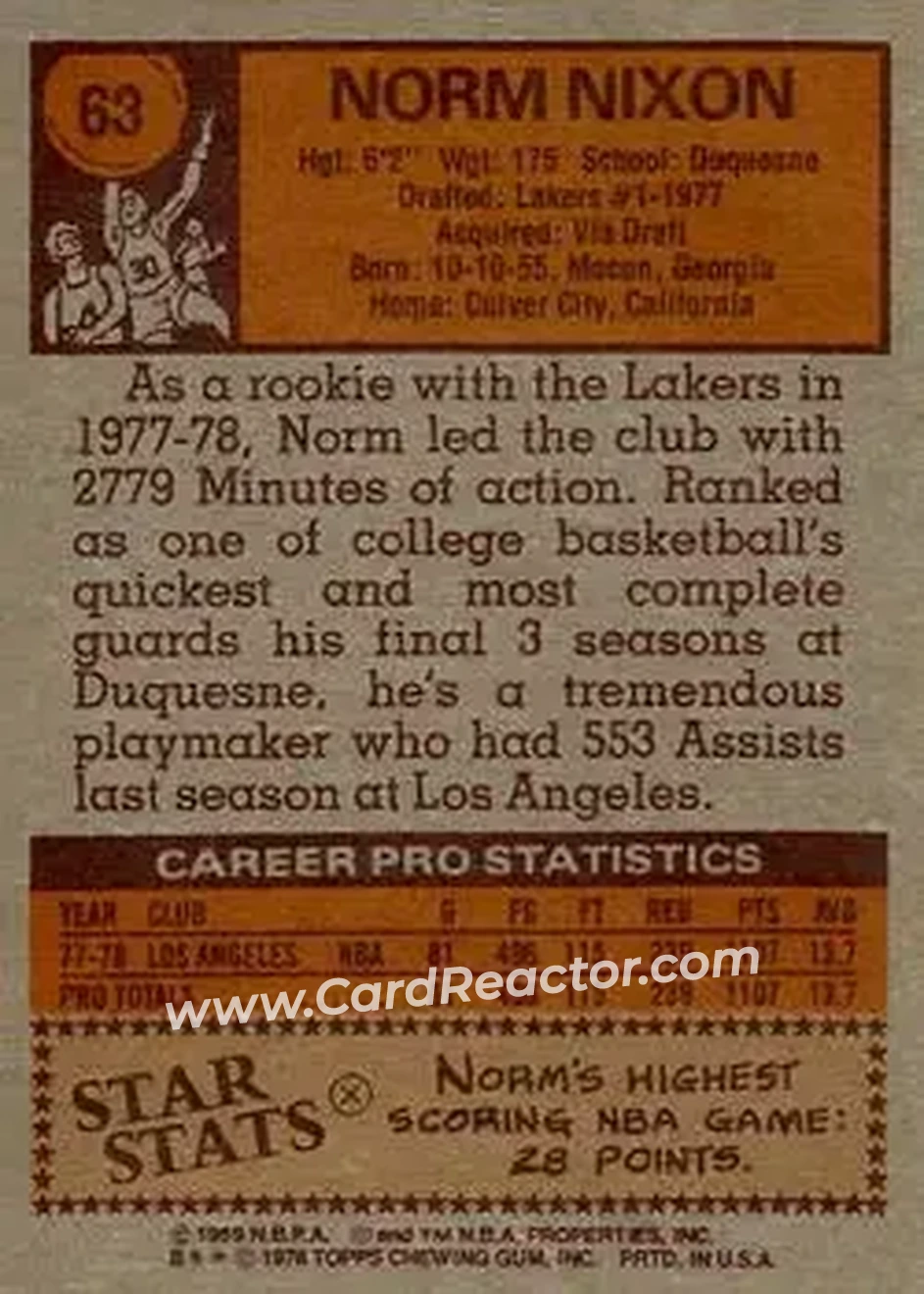 1978-79 Topps #63 - Norm Nixon - Los Angeles Lakers - Back