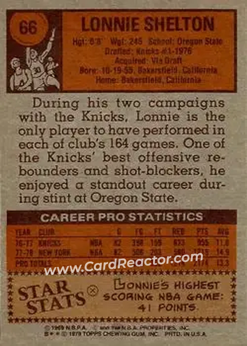 1978-79 Topps #66 - Lonnie Shelton - New York Knicks - Back