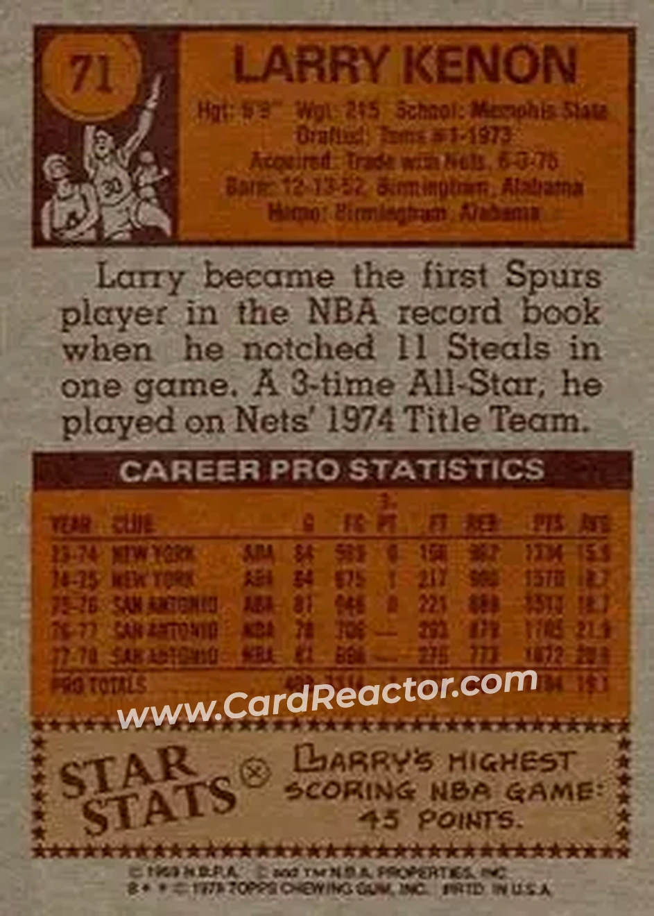 1978-79 Topps #71 - Larry Kenon - San Antonio Spurs - Back
