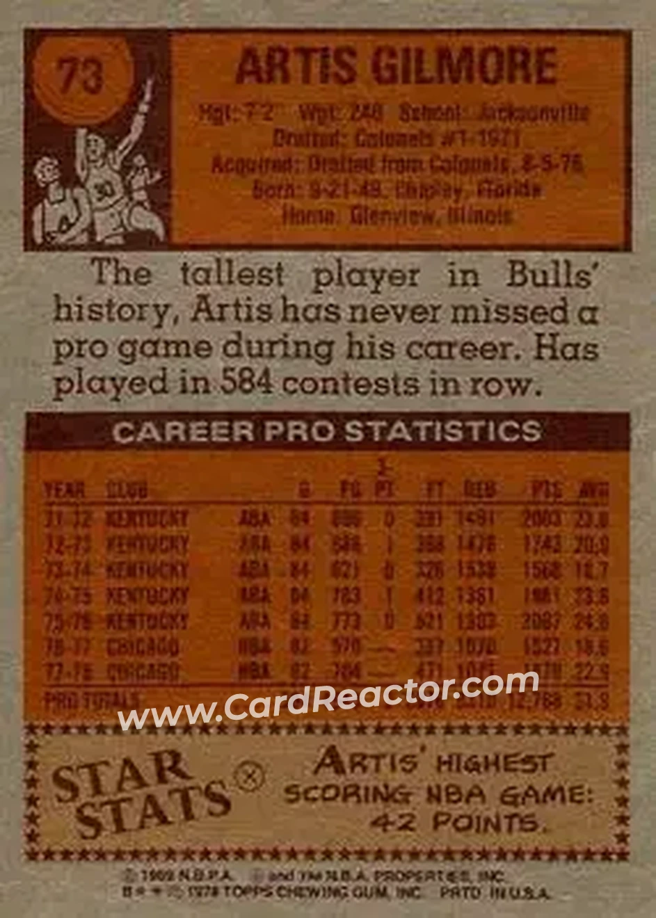 1978-79 Topps #73 - Artis Gilmore - Chicago Bulls - Back