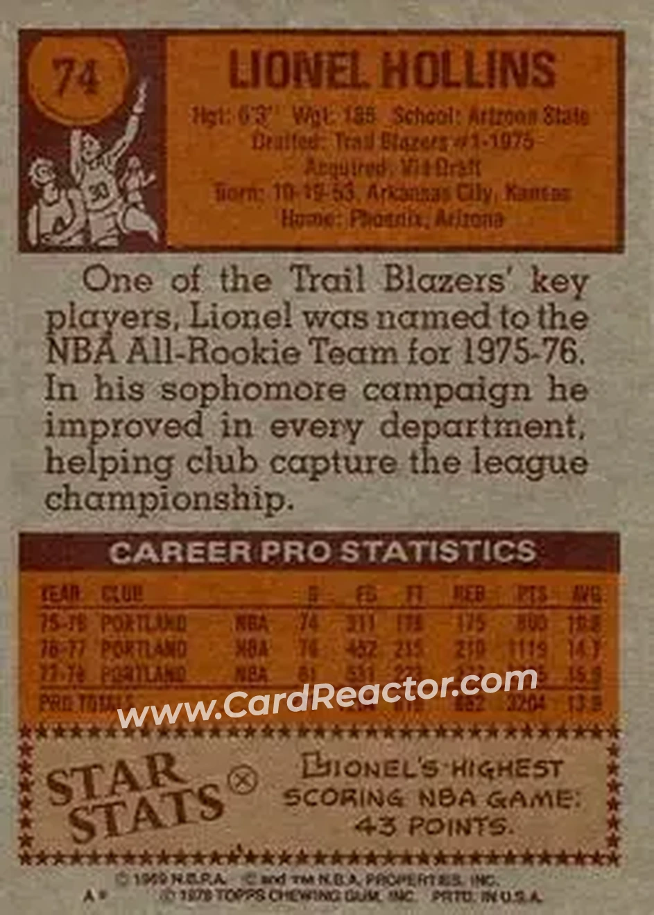 1978-79 Topps #74 - Lionel Hollins - Portland Trail Blazers - Back
