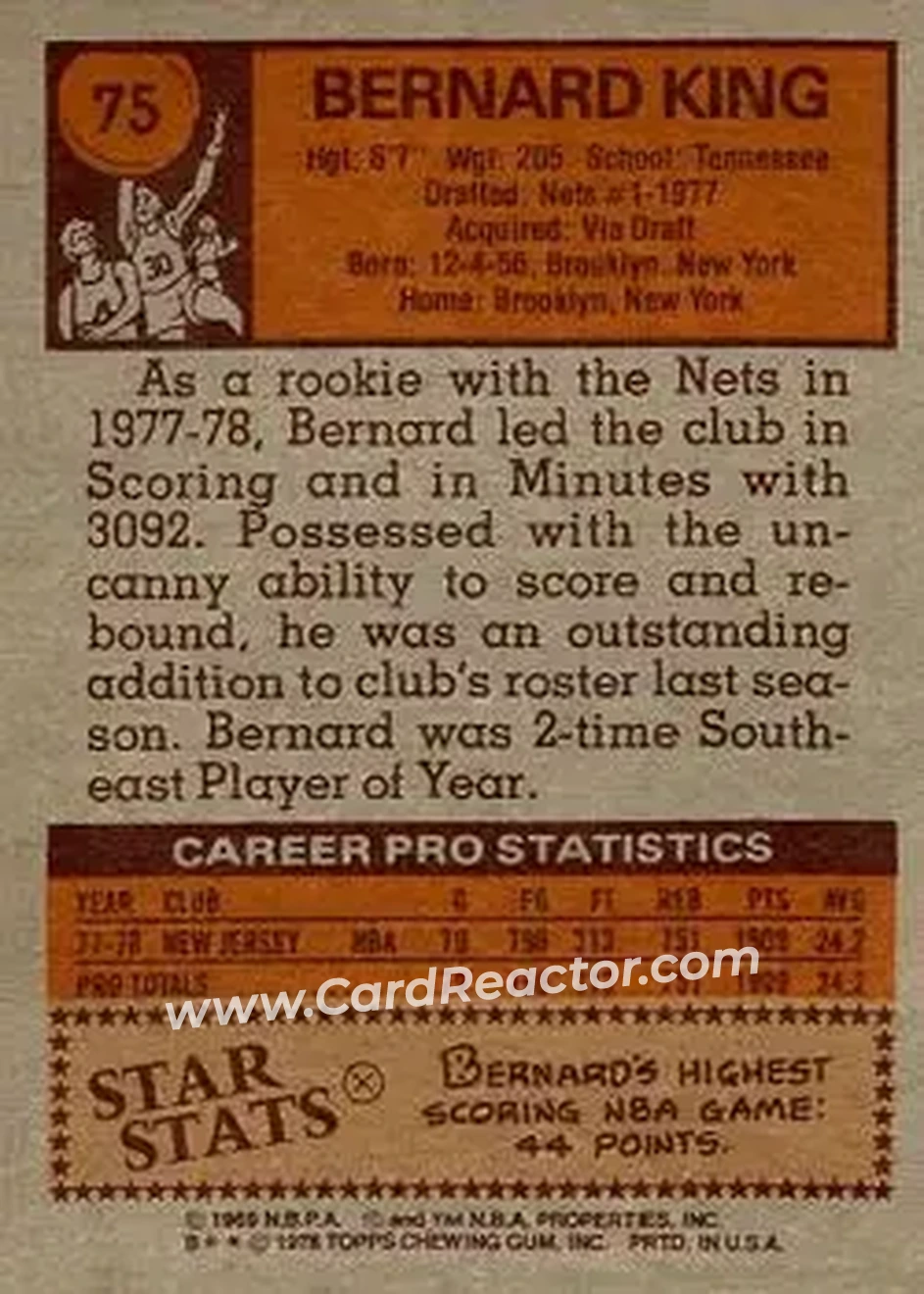1978-79 Topps #75 - Bernard King - New Jersey Nets - Back