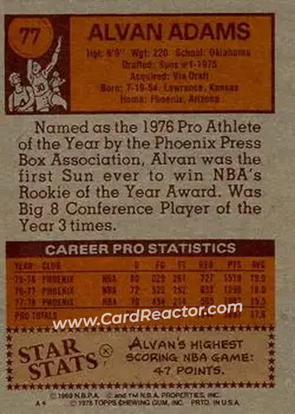 1978-79 Topps #77 - Alvan Adams - Phoenix Suns - Back