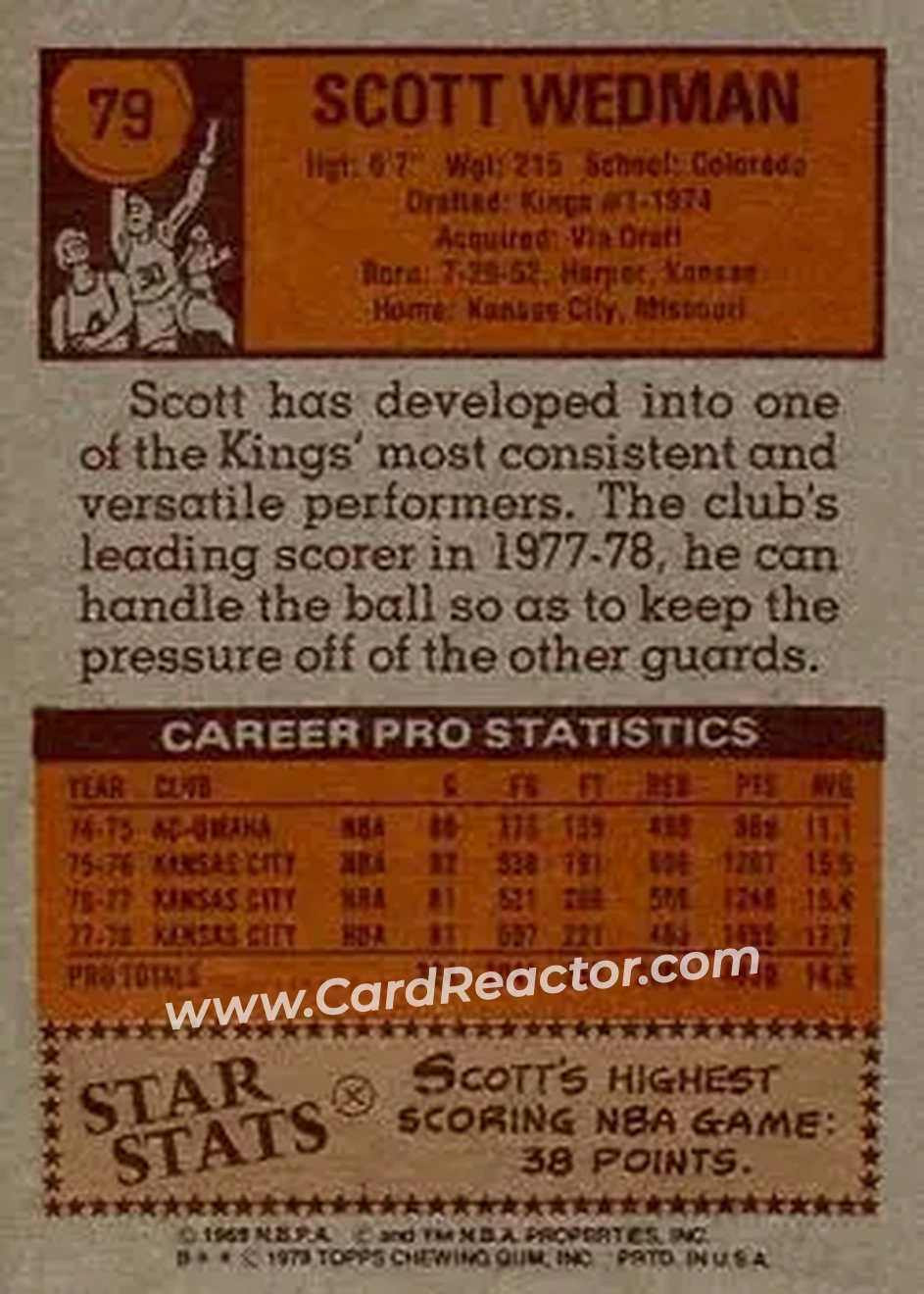 1978-79 Topps #79 - Scott Wedman - Kansas City Kings - Back
