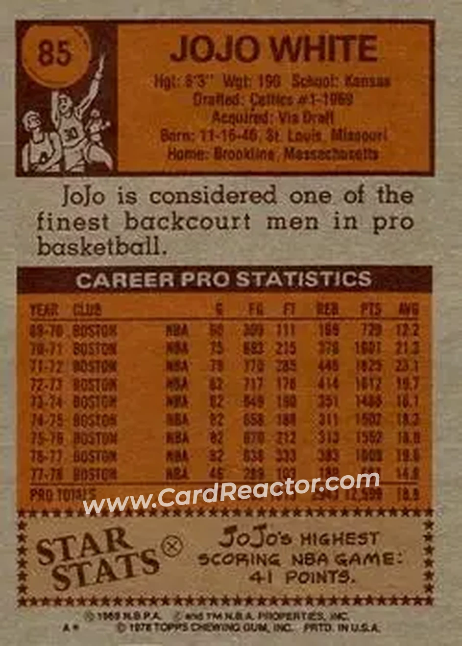 1978-79 Topps #85 - Jo Jo White - Boston Celtics - Back