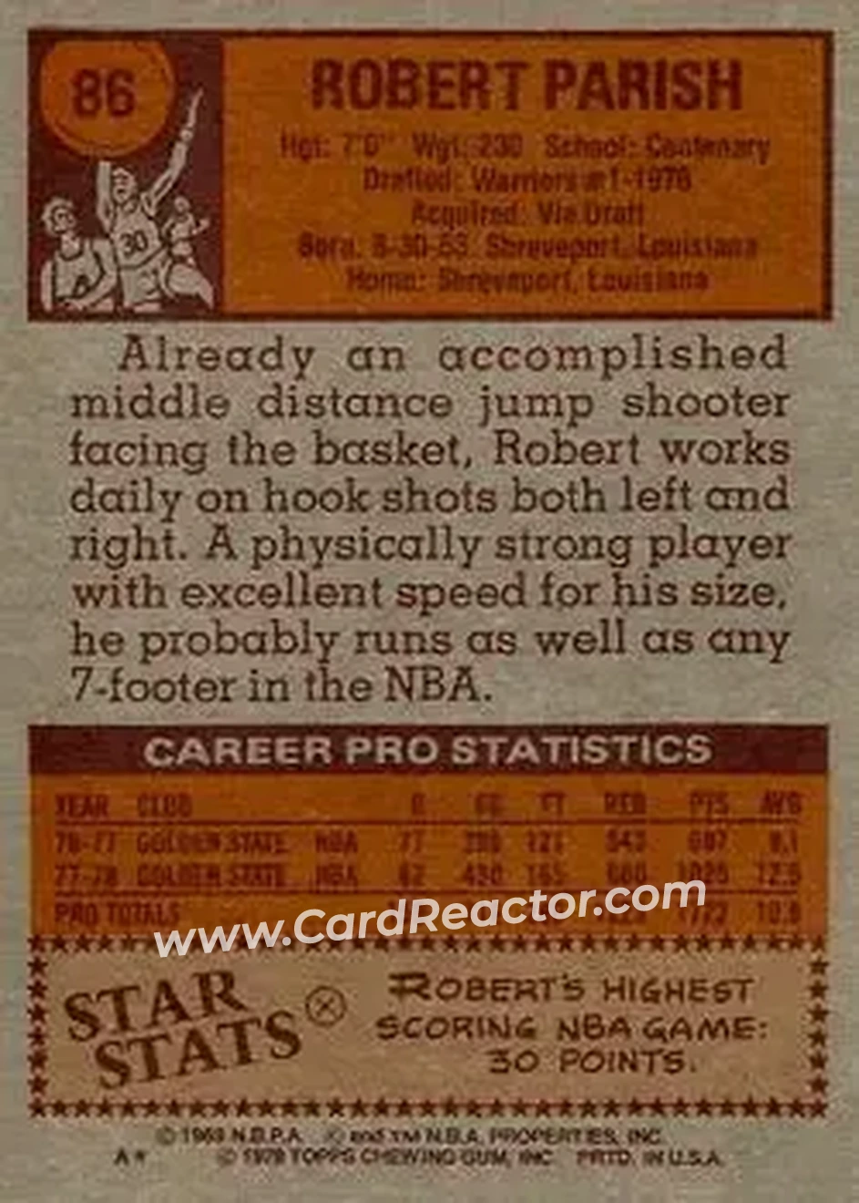 1978-79 Topps #86 - Robert Parish - Golden State Warriors - Back