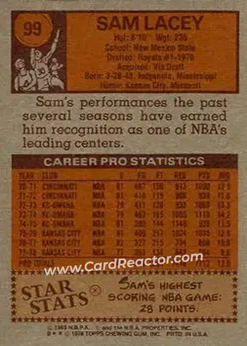 1978-79 Topps #99 - Sam Lacey - Kansas City Kings - Back