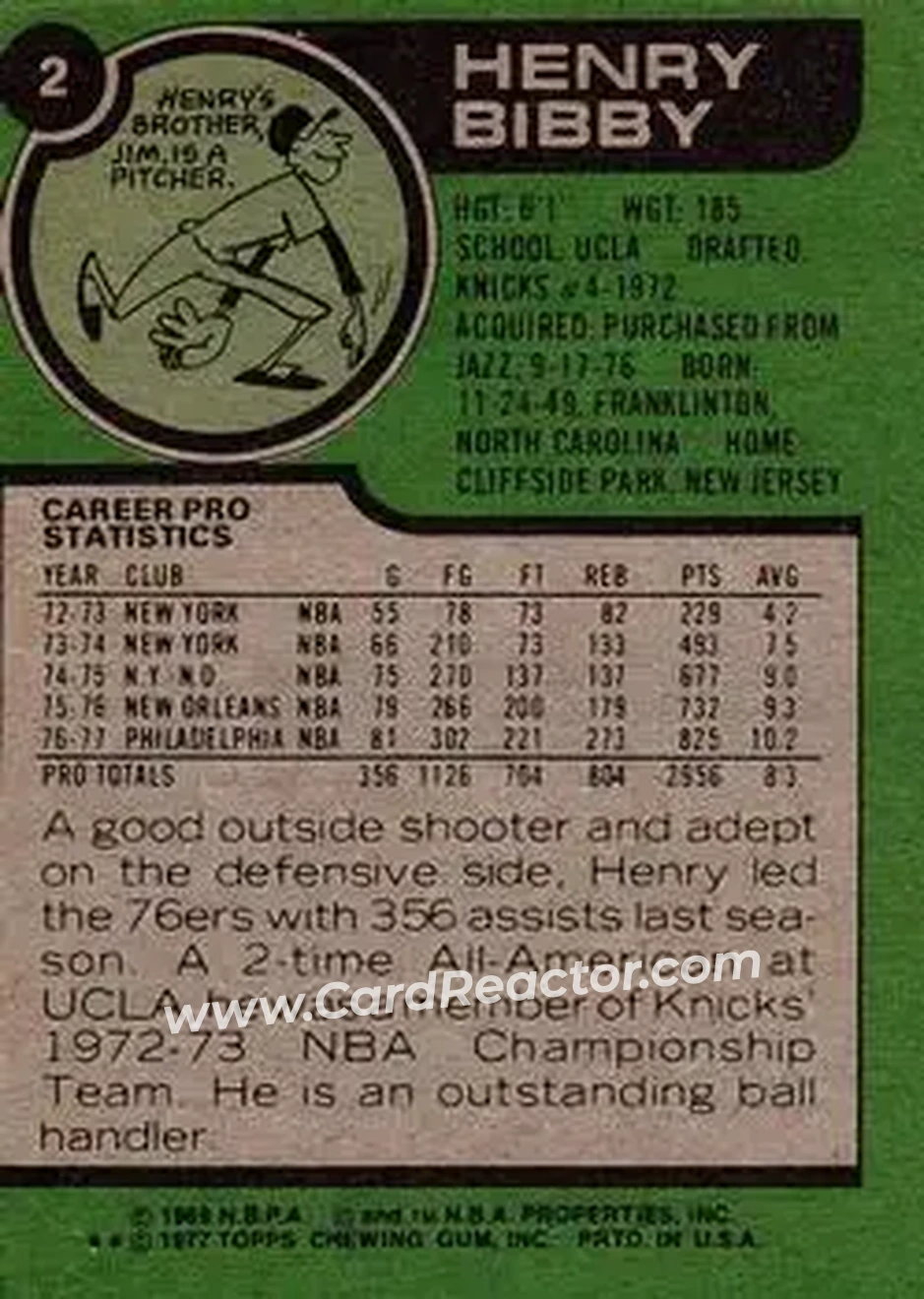1977-78 Topps #2 - Henry Bibby - Philadelphia 76ers - Back