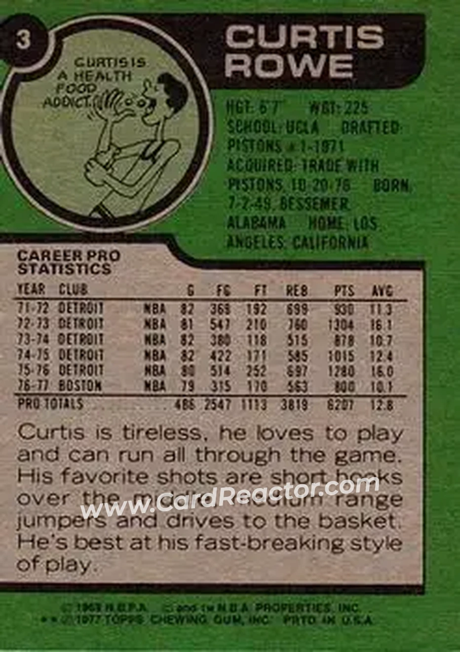 1977-78 Topps #3 - Curtis Rowe - Boston Celtics - Back