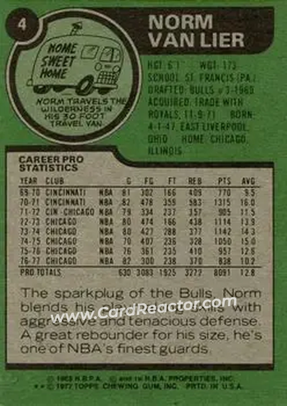 1977-78 Topps #4 - Norm Van Lier - Chicago Bulls - Back