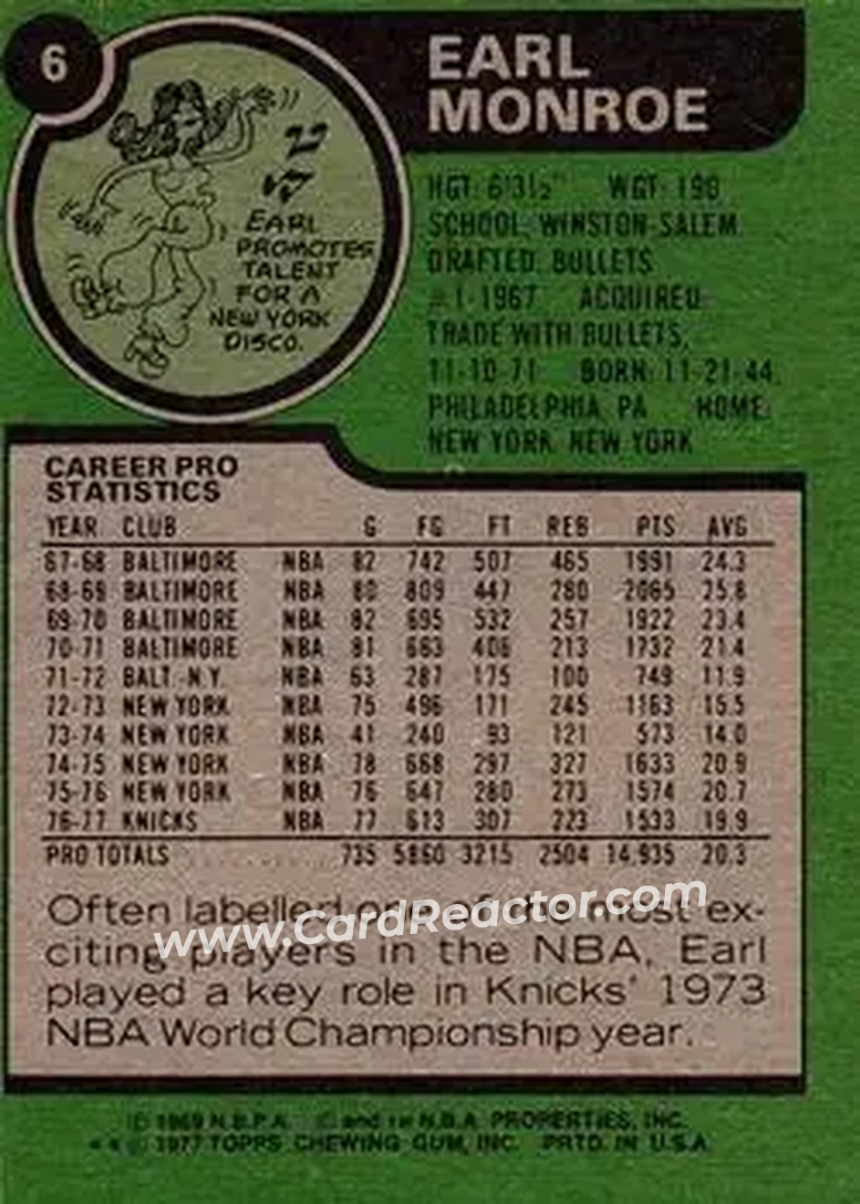 1977-78 Topps #6 - Earl Monroe - New York Knicks - Back