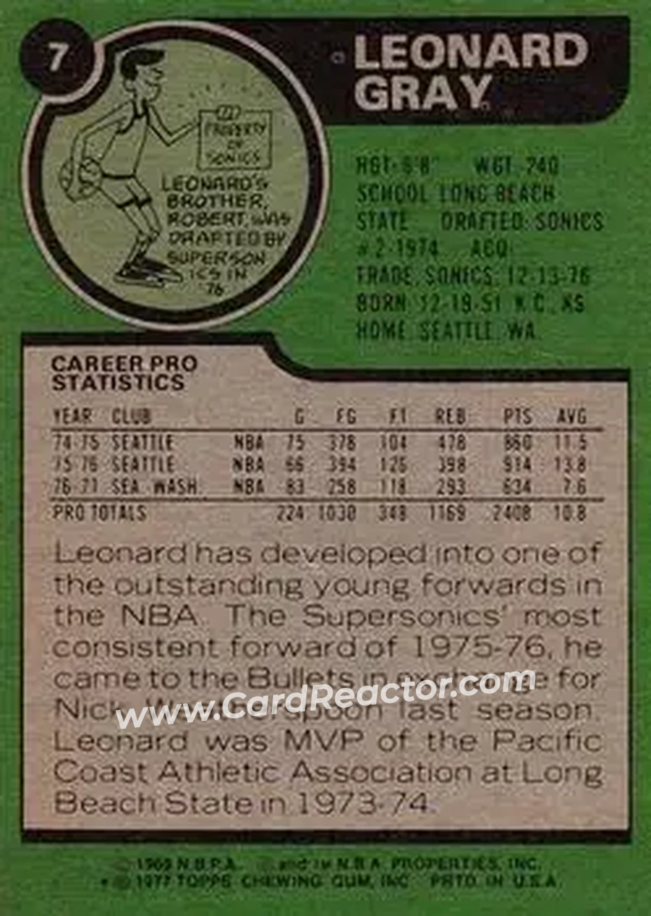 1977-78 Topps #7 - Leonard Gray - Washington Bullets - Back